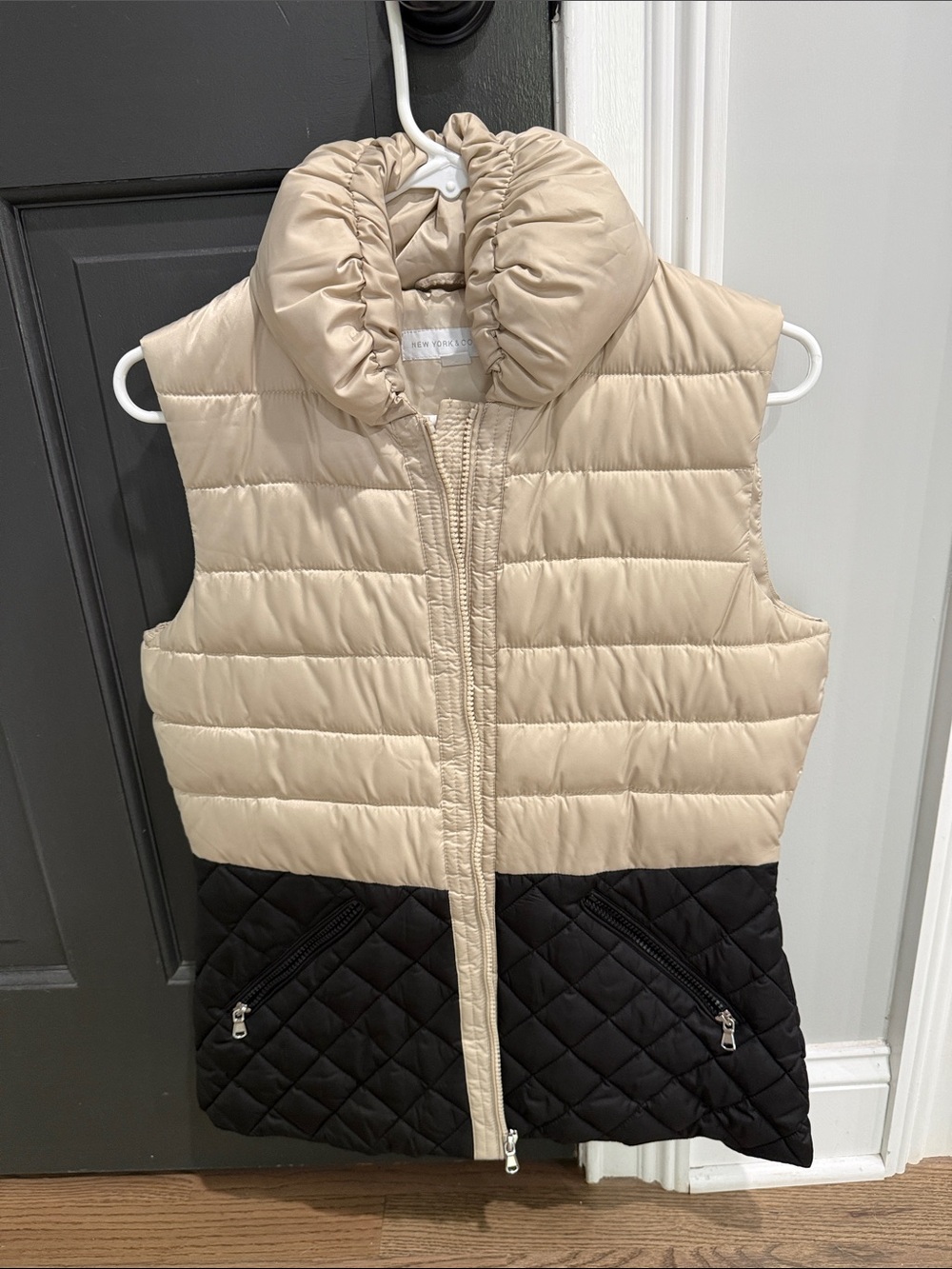 New York & Company Beige and Black Quilted Puffer Vest